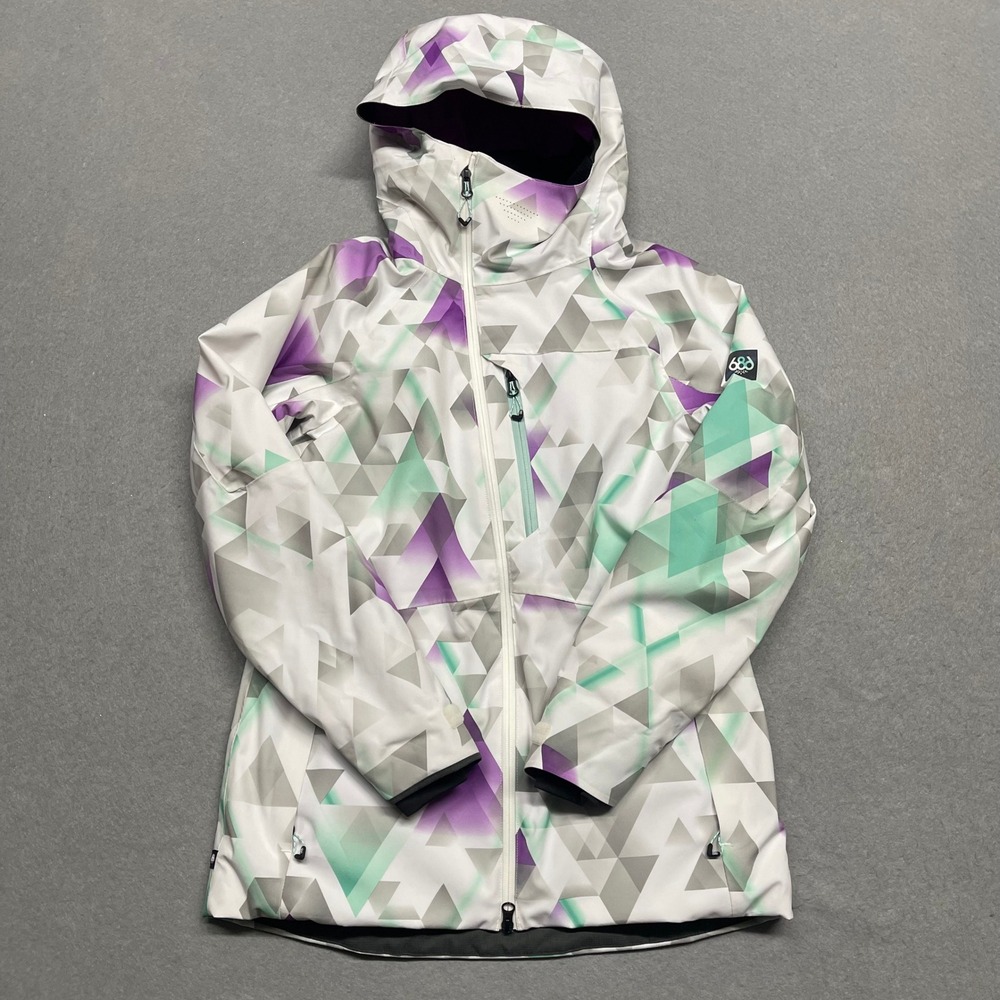 686 Jacket Women Small White Purple GLCR Hydra Insulated Geometric Snowboard Ski